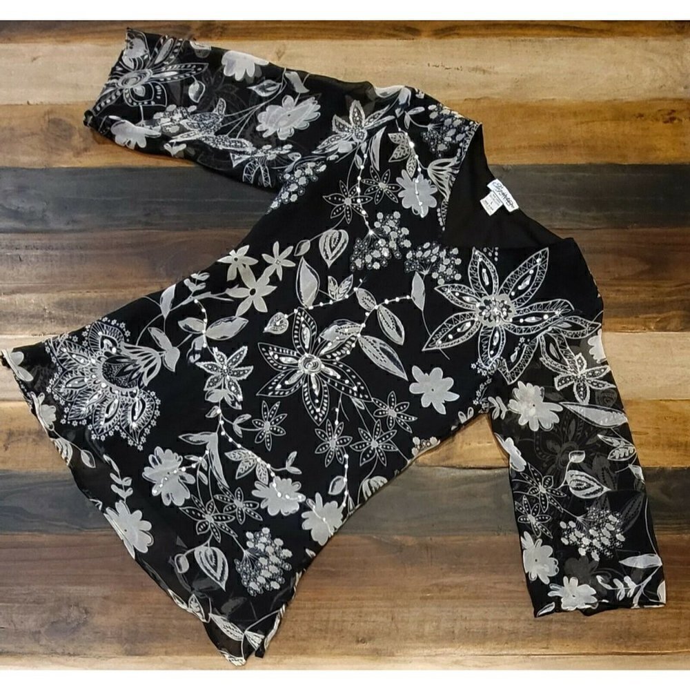 JMB Signature Elegant SZ L Black White Floral Print Black Lined Sheer Rhinestone